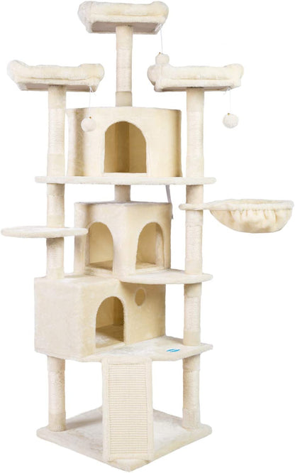 XL Cat Tree, 73.4 Inch Cat Tower with 3 Caves, 3 Cozy Perches, Scratching Posts, Board, Activity Center Stable for Kitten/Big Cat, Beige MPJ032M