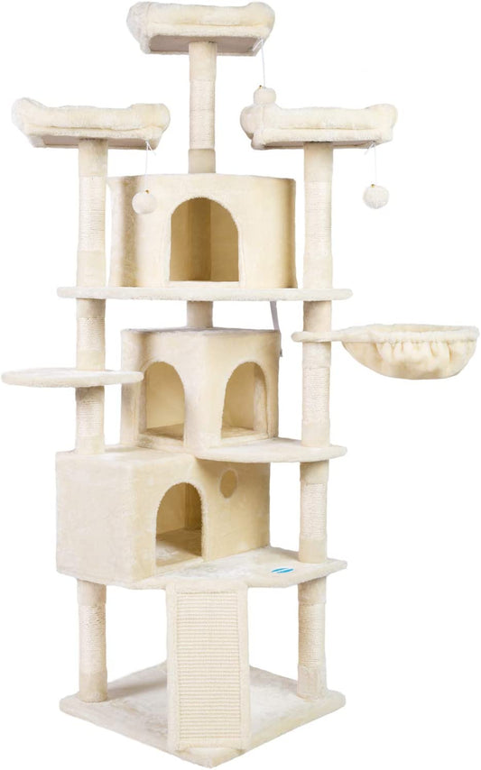 XL Cat Tree, 73.4 Inch Cat Tower with 3 Caves, 3 Cozy Perches, Scratching Posts, Board, Activity Center Stable for Kitten/Big Cat, Beige MPJ032M