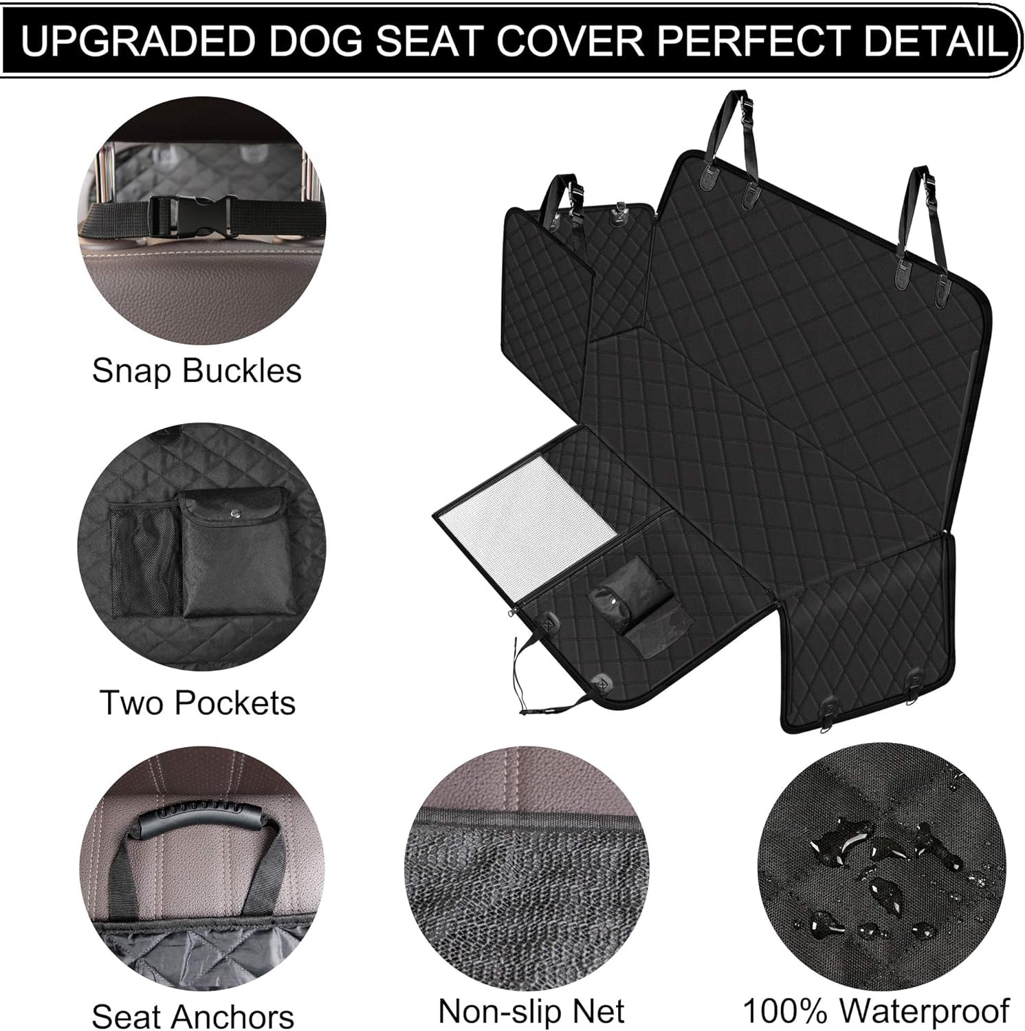 Dog Car Seat Cover with Storage Pockets Mesh Visual Window, Waterproof Nonslip , Heavy Duty Scratchproof Pet Dog Back Seat Cover Hammock for Cars Trucks and Suvs