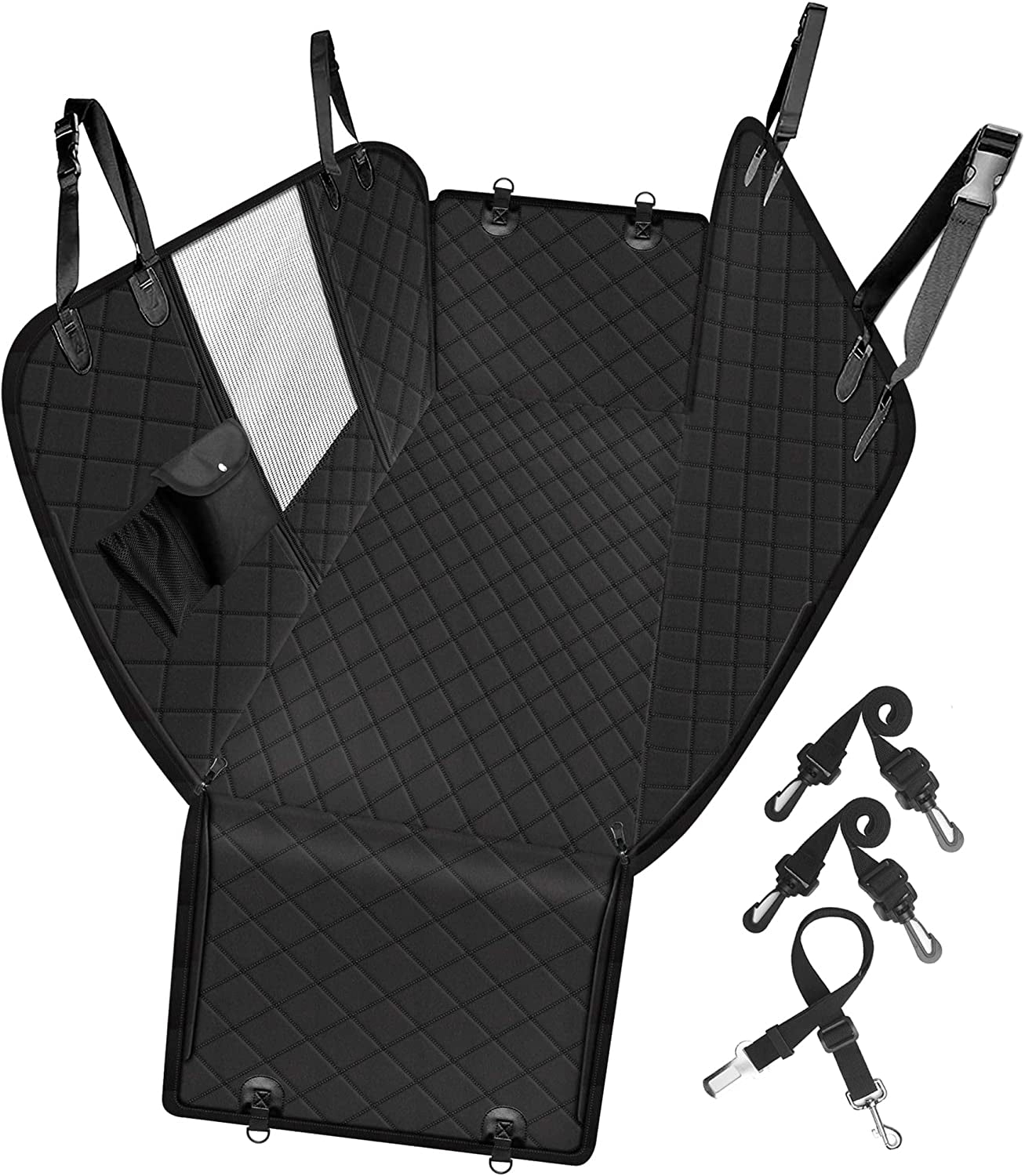 Dog Car Seat Cover with Storage Pockets Mesh Visual Window, Waterproof Nonslip , Heavy Duty Scratchproof Pet Dog Back Seat Cover Hammock for Cars Trucks and Suvs