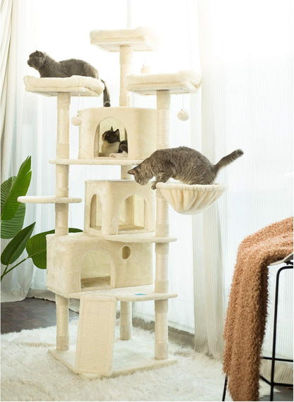 XL Cat Tree, 73.4 Inch Cat Tower with 3 Caves, 3 Cozy Perches, Scratching Posts, Board, Activity Center Stable for Kitten/Big Cat, Beige MPJ032M
