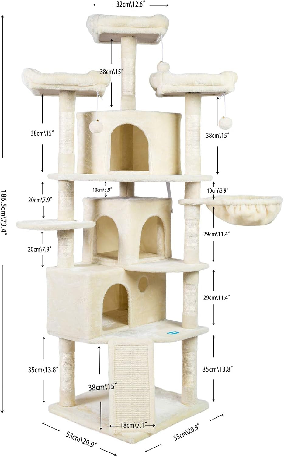XL Cat Tree, 73.4 Inch Cat Tower with 3 Caves, 3 Cozy Perches, Scratching Posts, Board, Activity Center Stable for Kitten/Big Cat, Beige MPJ032M