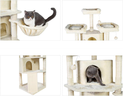 XL Cat Tree, 73.4 Inch Cat Tower with 3 Caves, 3 Cozy Perches, Scratching Posts, Board, Activity Center Stable for Kitten/Big Cat, Beige MPJ032M